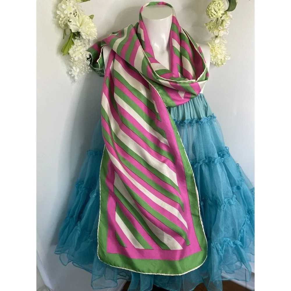 Burmel Vintage 1960's Pink Green Stripe Hand Rolled All Silk Scarf 13x68 Italy - Picture 2 of 16